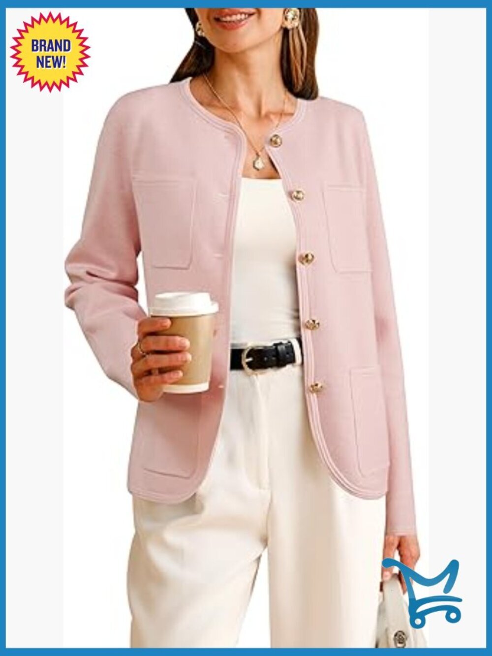 Wool Blend Blazer Jacket with Pockets Long Sleeve Collarless Regular Fit